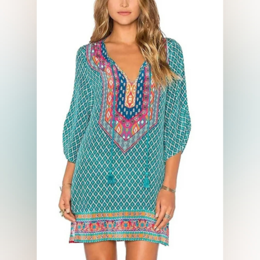 Urban CoCo Bohemian Ethnic Slip On Shift Dress Vibrant Shirt Mini Dress L XL XXL